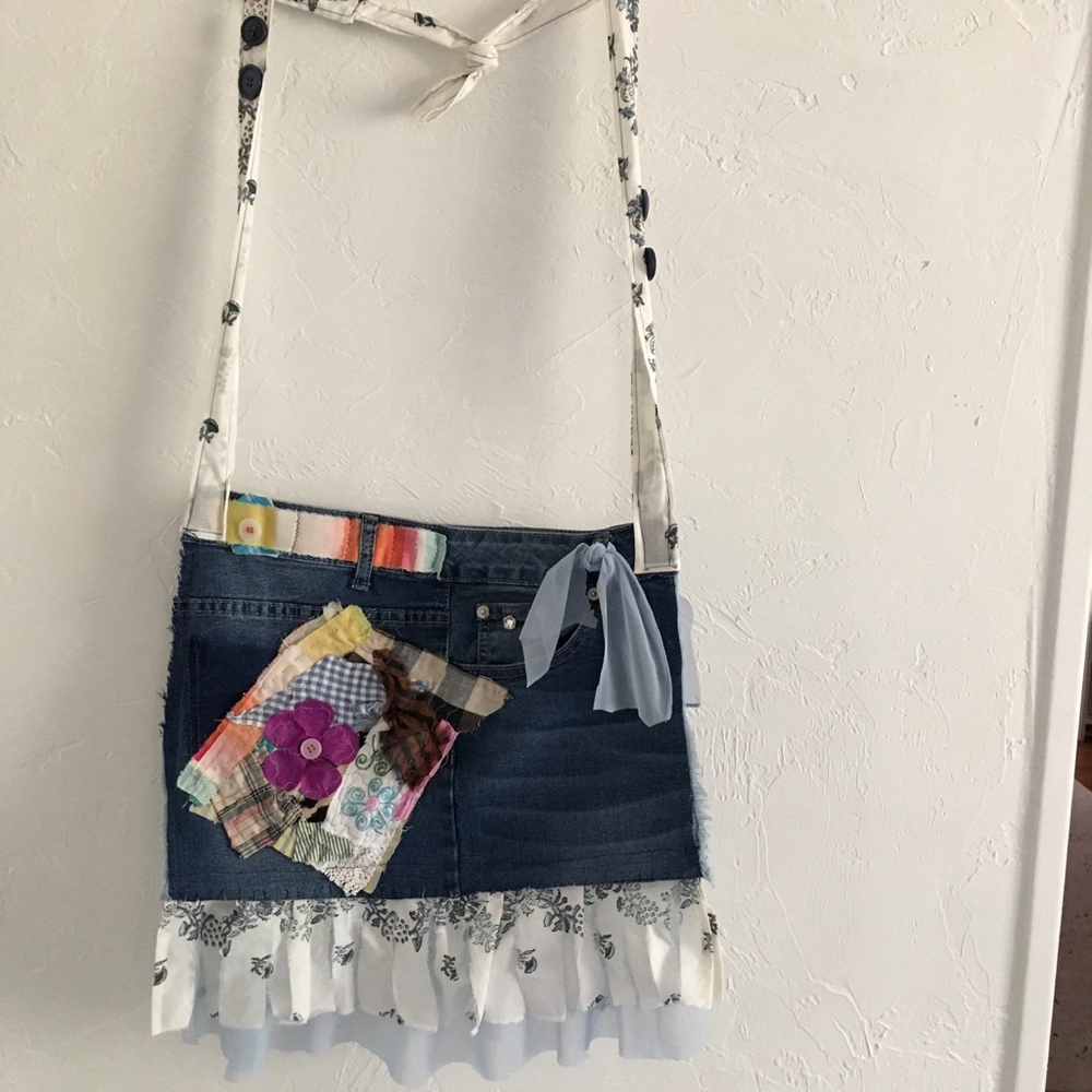 Upcycled Denim Tote Bag Handcrafted Blue One Size